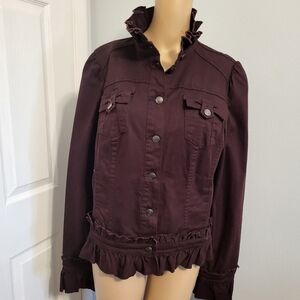 INC International Concepts Women's Ruffled Dark Purple Jean Jacket